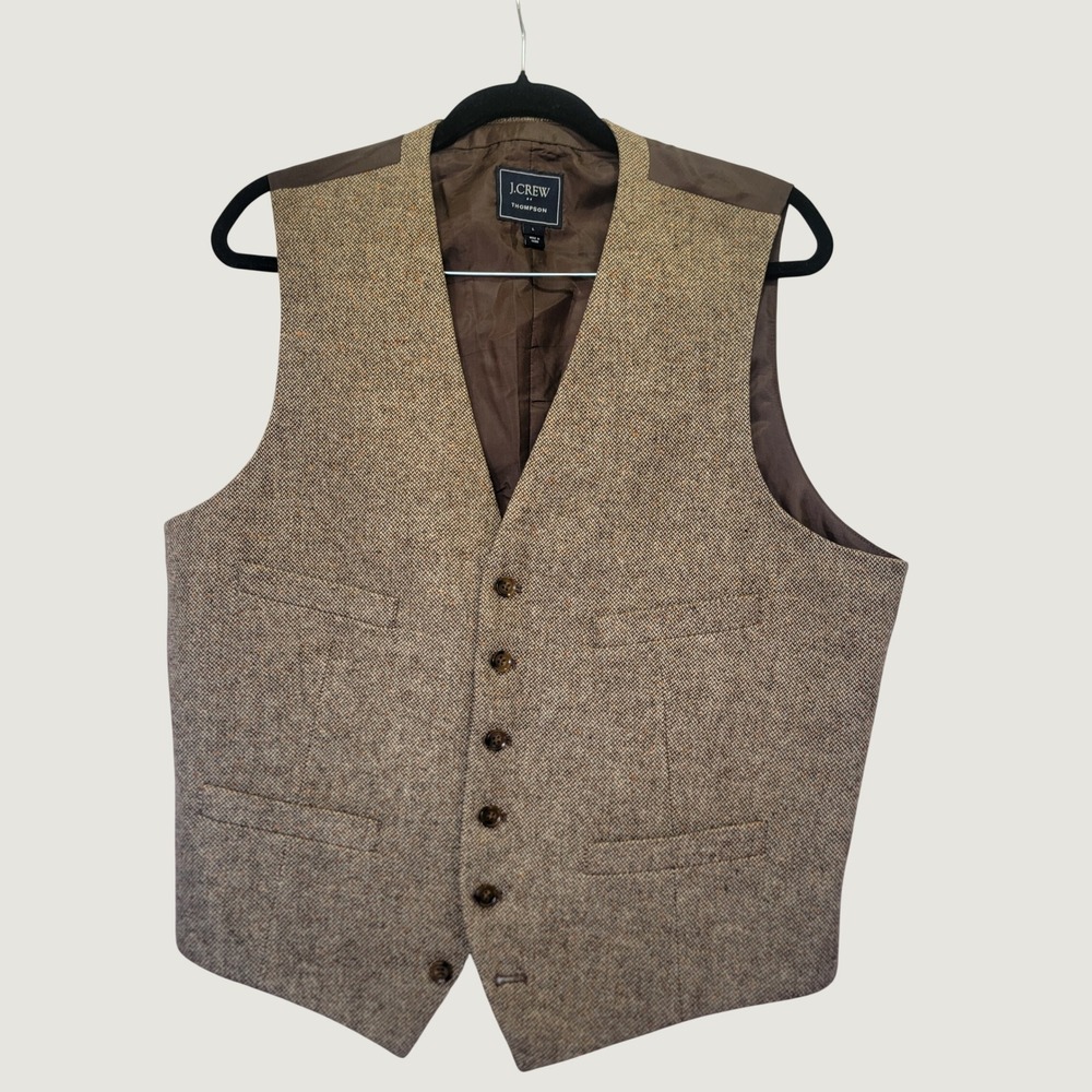J.Crew Thompson Vest Men L Brown Herringbone Tweed Wool Blend Preppy Academia